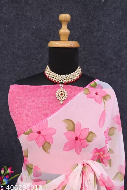 Pink Floral Chiffon Saree with Blouse Piece