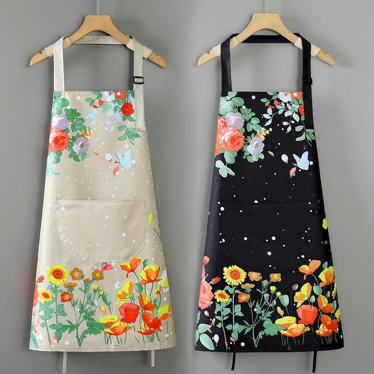 1 Pcs Lightweight Adjustable Shoulder Strap Apron with Large Pocket, Suitable for Restaurant and Cafe Dining Settings, Made of Durable Polyester Material, Available in Beige and Black, Floral Pattern